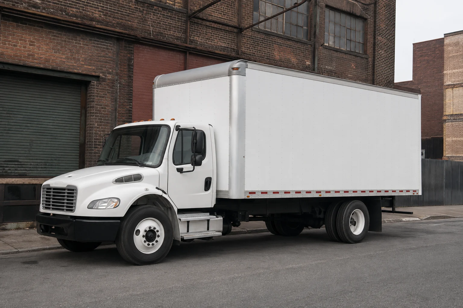 White box truck parked outside brick industrial buildings in a Brooklyn-inspired setting