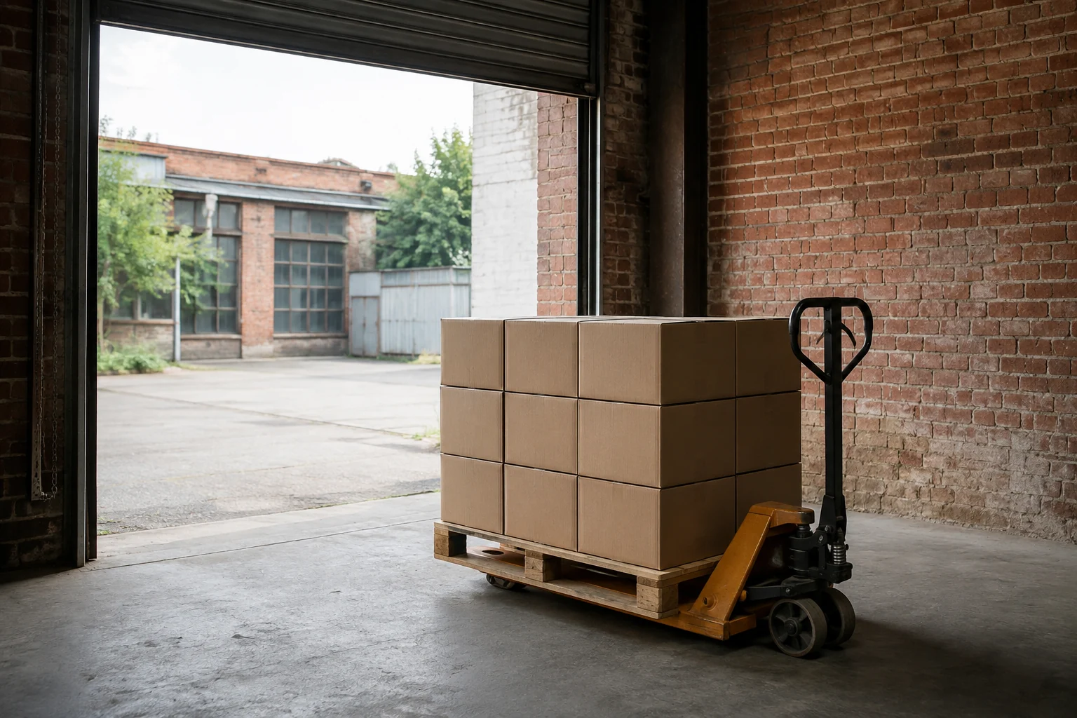 Pallet of plain cartons on a manual pallet jack inside a ground-level brick warehouse entrance