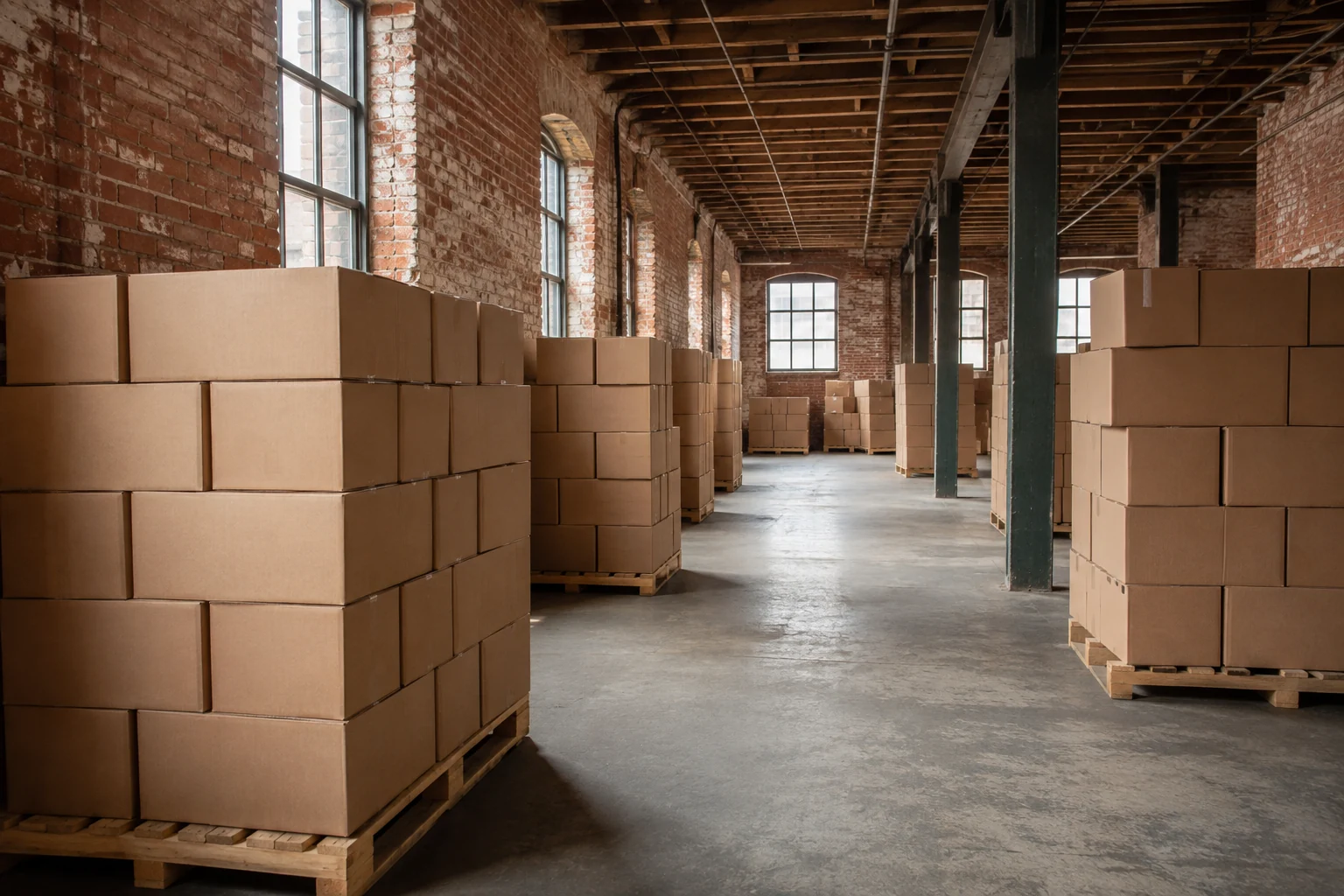 Orderly pallets of cartons in a brick warehouse with steel roof beams